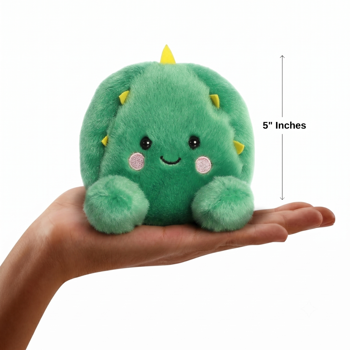 The miniature Sonora Barrel Cactus plush sitting balanced in an open human hand under a 5-inch height graphic indicator.