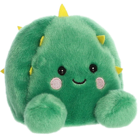 Aurora 5-inch Palm Pals Sonora Barrel Cactus plush toy showing its round green body, soft yellow felt spikes, and smiling face.