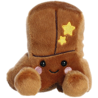 Front view thumbnail of the cute brown Evan Cowboy Boot plush sitting straight, highlighting its symmetrical face and rosy pink blushing cheeks.