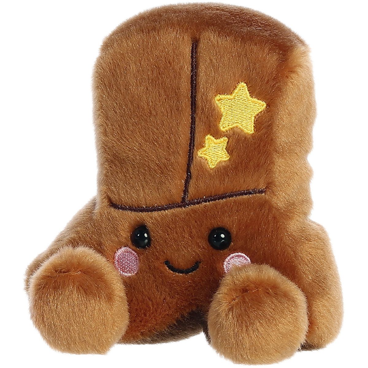 Another front view thumbnail of the smiling brown cowboy boot plush sitting upright.