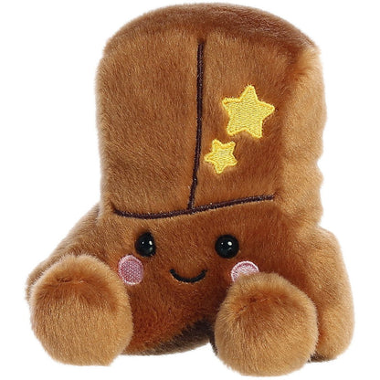 Another front view thumbnail of the smiling brown cowboy boot plush sitting upright.