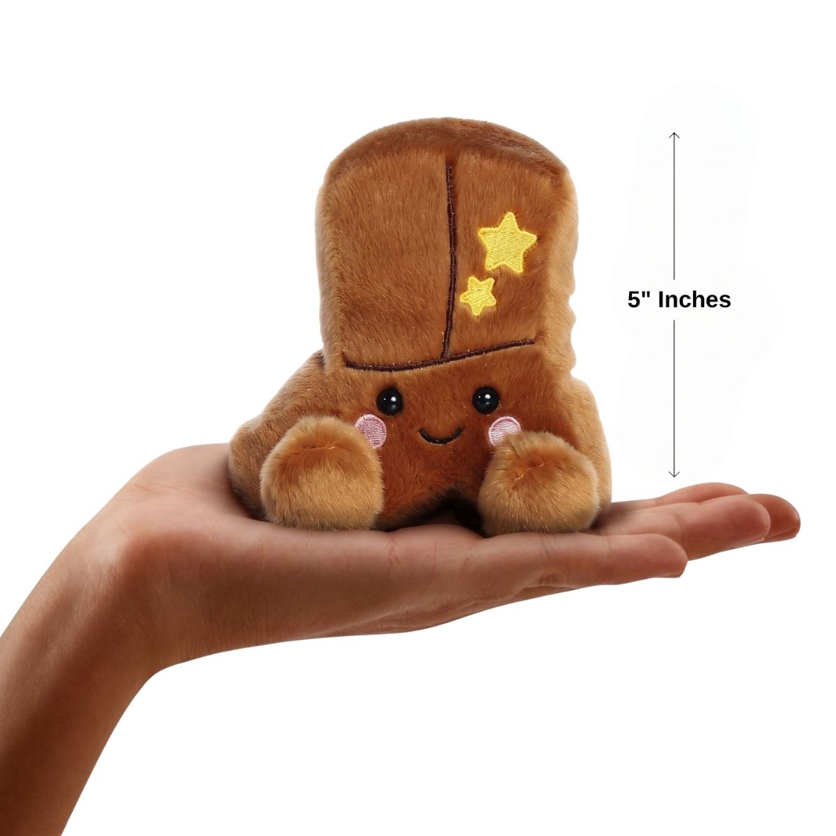 The miniature Evan Cowboy Boot plush sitting balanced in an open human hand under a 5-inch height graphic indicator.