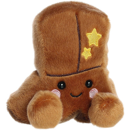Aurora 5-inch Palm Pals Evan Cowboy Boot plush toy showing its soft brown body, embroidered yellow stars, stitched piping lines, and friendly smiling face.