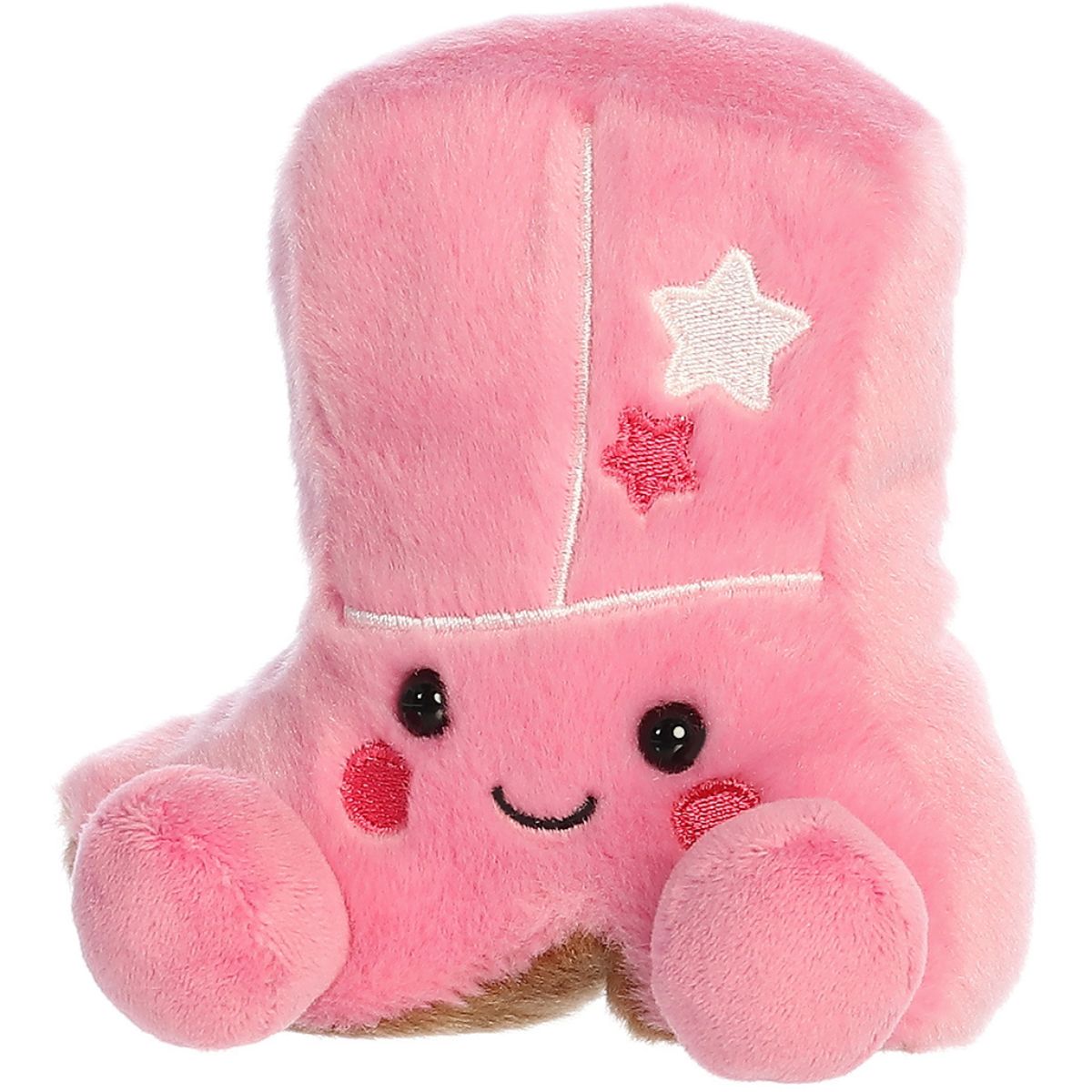 Angled front view thumbnail of the smiling pink boot plush showcasing its soft, huggable texture.