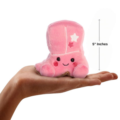 The miniature Kate Cowgirl Boot plush sitting balanced in an open human hand under a 5-inch height graphic indicator.