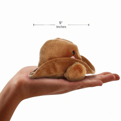 The miniature Orville Cowboy Hat plush sitting balanced in an open human hand under a 5-inch height graphic indicator.