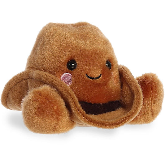 Aurora 5-inch Palm Pals Orville Cowboy Hat plush toy showing its soft brown hat shape, dark brown band, small plush limbs, and smiling face.