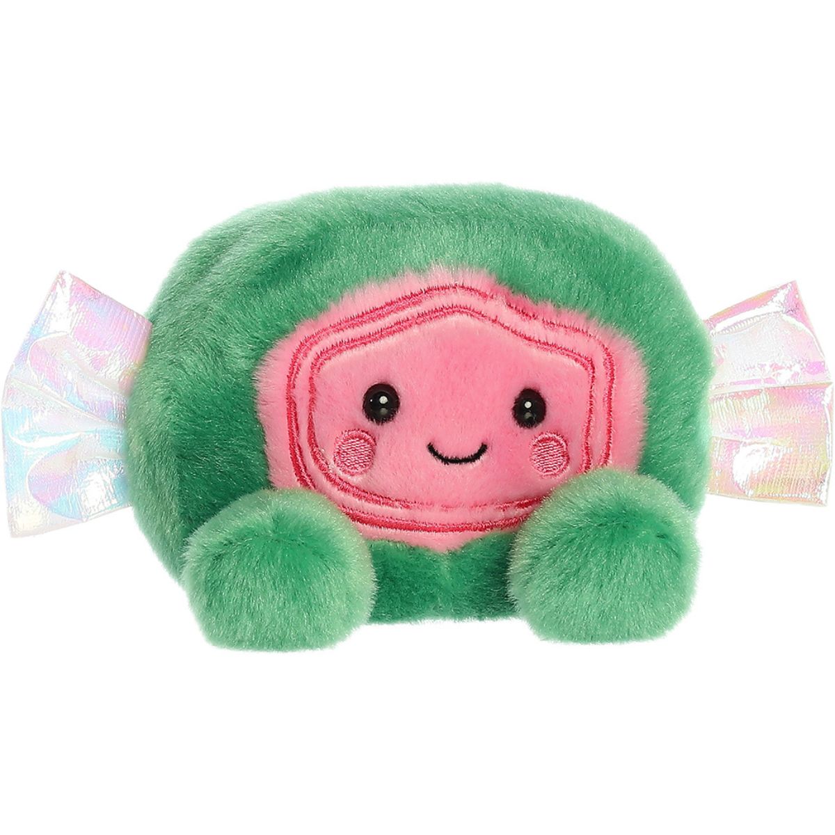 Aurora 5-inch Palm Pals Jetty Saltwater Taffy plush toy sitting forward showing its watermelon-themed green and pink candy body, sweet smiling face, and shiny iridescent wrapper ends.