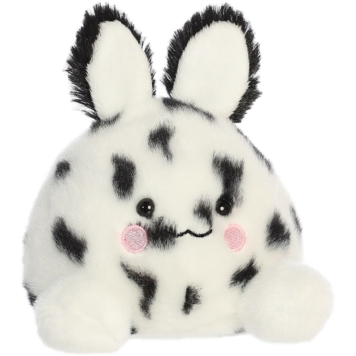 Aurora 5-inch Palm Pals Usagi Sea Bunny plush toy sitting forward showing its white body with black spots, fluffy black-trimmed ears, and pink blushing cheeks.