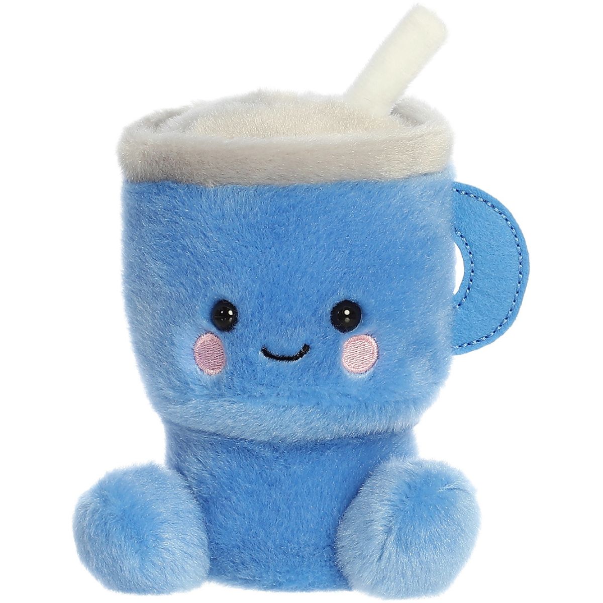 Another front view thumbnail of the smiling blue travel mug plush sitting upright.