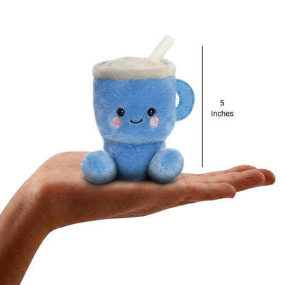 The miniature Cliff Travel Cup plush sitting balanced in an open human hand under a 5-inch height graphic indicator.