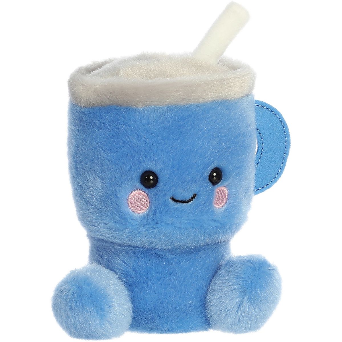 Aurora 5-inch Palm Pals Cliff Travel Cup plush toy sitting forward showing its blue travel mug shape, side handle, white straw, and smiling face.