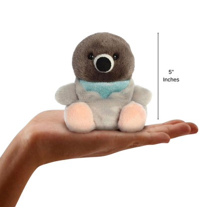 The miniature Crumbs Pigeon plush sitting balanced in an open human hand under a 5-inch height graphic indicator.