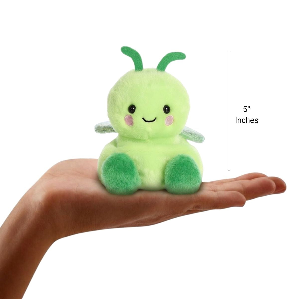 The miniature Maestro Grasshopper plush sitting balanced in an open human hand under a 5-inch height graphic indicator.