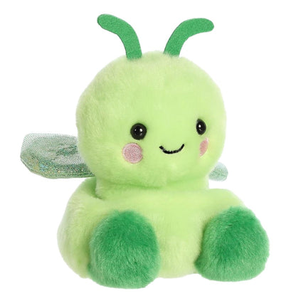 Aurora 5-inch Palm Pals Maestro Grasshopper plush toy sitting forward showing its light green body, dark green antennae, and a shimmery wing.