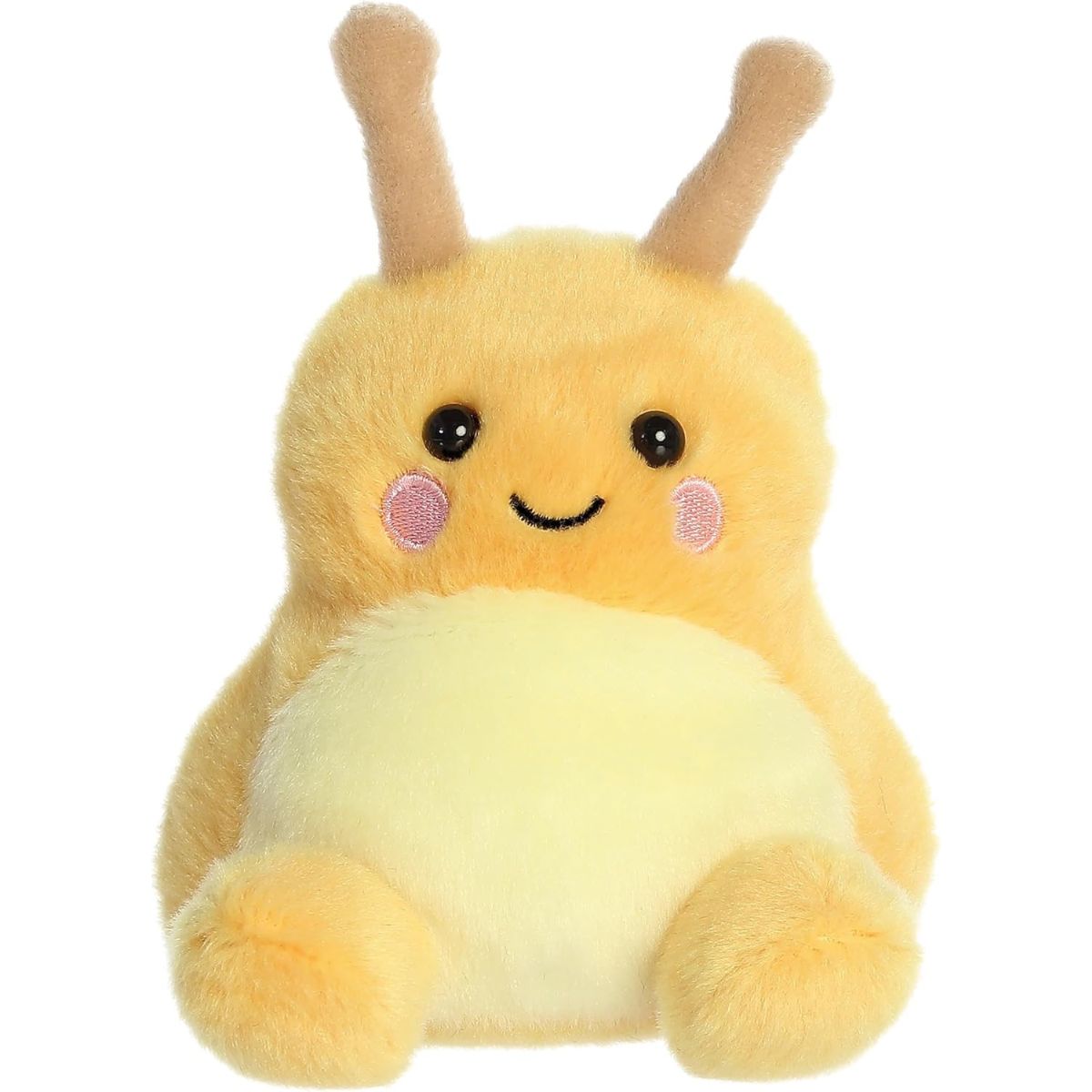 Front view thumbnail of the yellow Emily Banana Slug plush highlighting its symmetrical pose, sweet smile, and rosy pink cheeks.