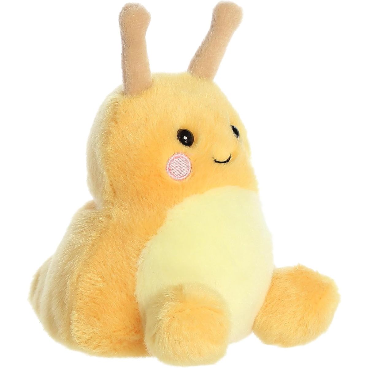 Aurora 5-inch Palm Pals Emily Banana Slug plush toy sitting at an angle showing its golden body, cream belly, and tan eye stalks.