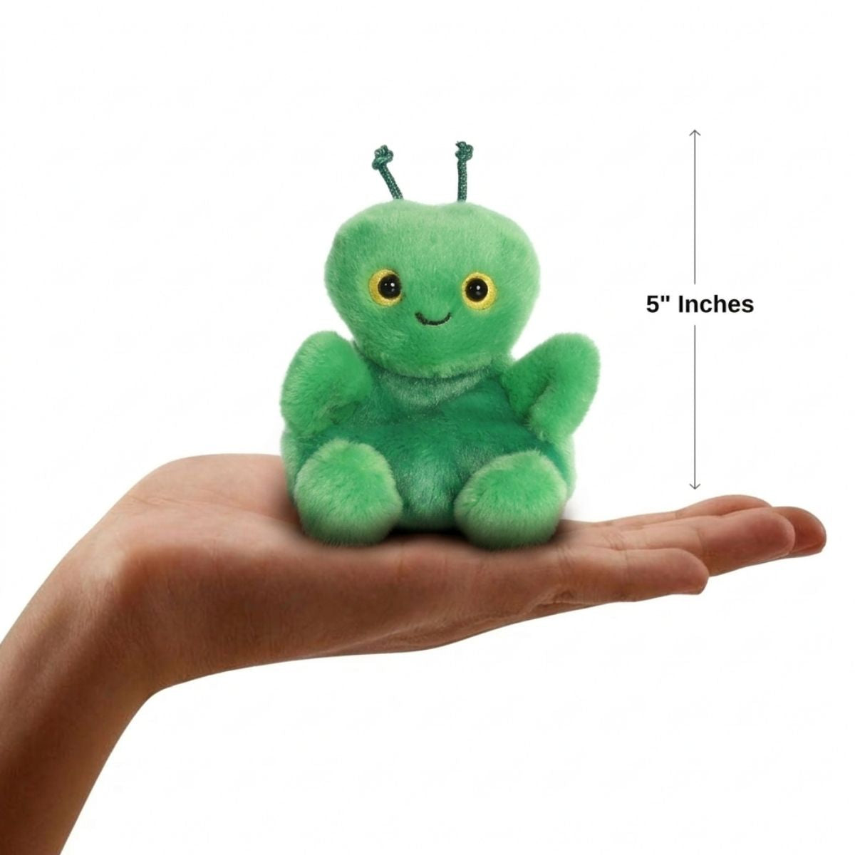 The miniature mantis plush sitting balanced in an open human hand under a 5-inch height graphic indicator.