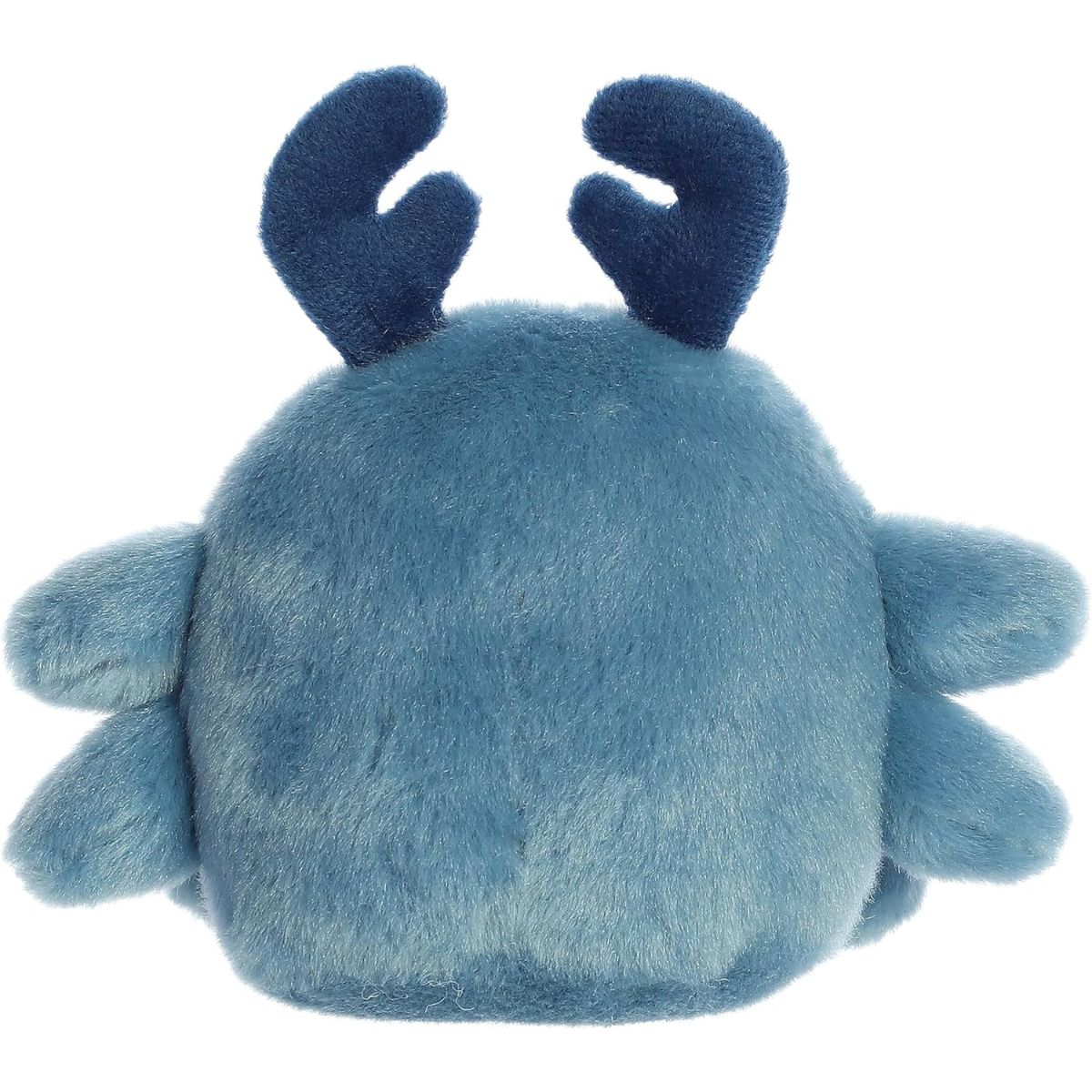 The rear thumbnail view of the slate-blue Aurora critter plush toy showing its smooth backing and top dark blue horns from behind.