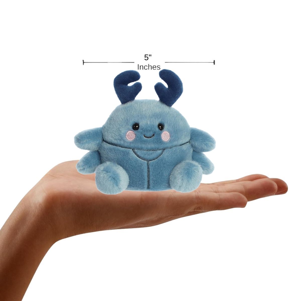 The miniature Agatha Beetle plush sitting inside an open human hand displaying a 5-inch width indicator graphic.