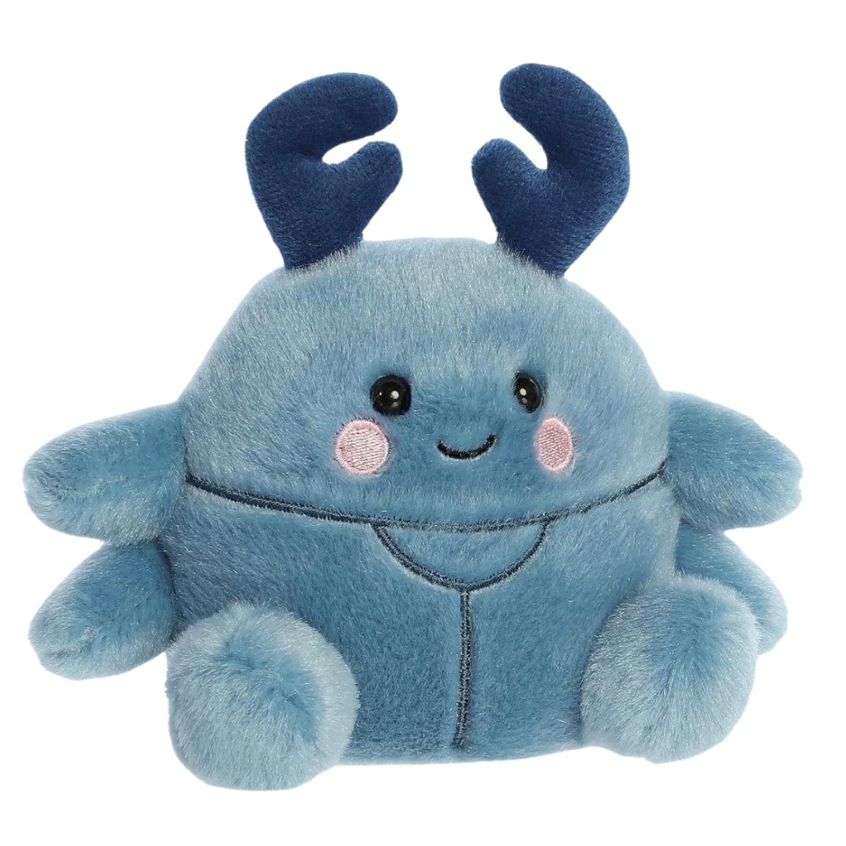 Aurora Palm Pals Agatha 5-inch Beetle plush stuffed toy sitting forward with a slate-blue body and dark blue horns.