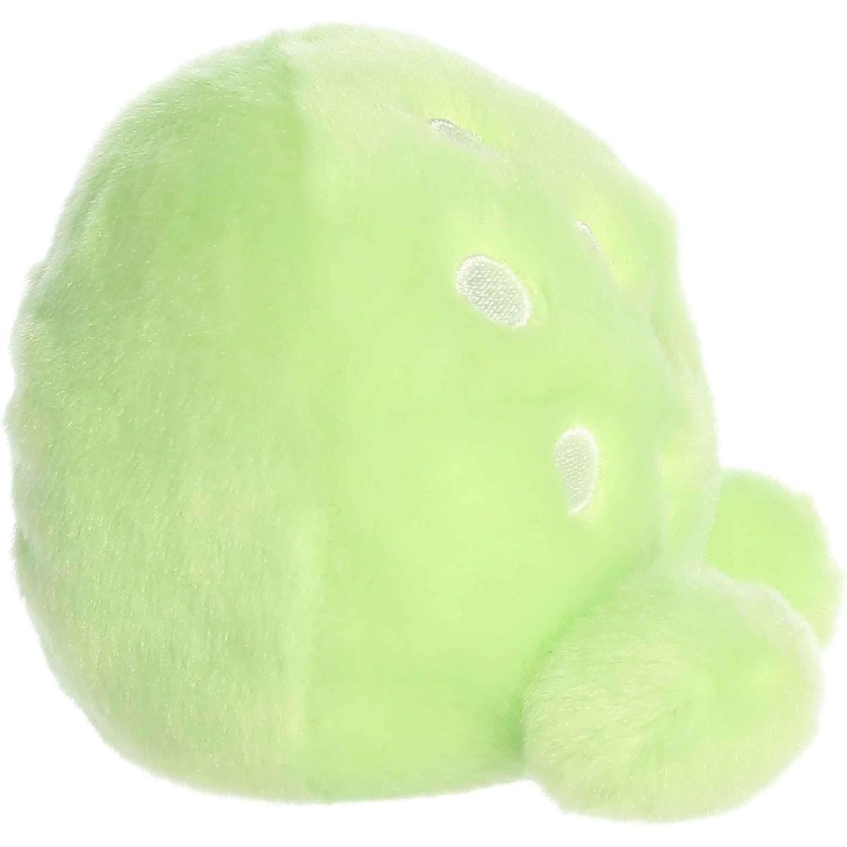 The right side profile thumbnail of the sitting lime-green plush ball highlighting its round sphere shape and plush feet.