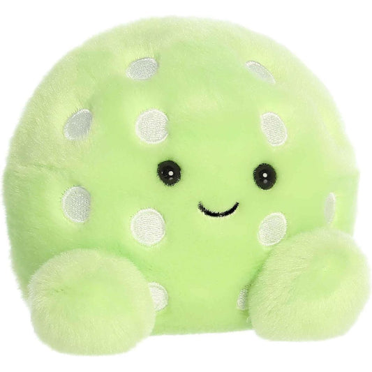 Aurora Palm Pals Steve 5-inch Pickleball plush stuffed toy sitting forward with a vibrant lime-green body and embroidered white circles.