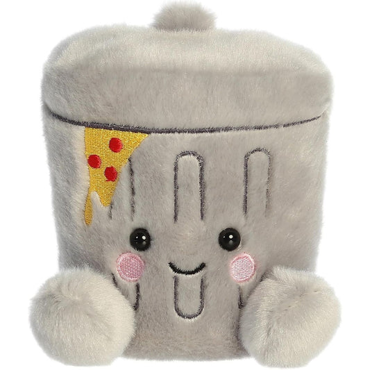 A close-up front portrait thumbnail of the Garbanzo Trashcan plush showing its black eyes, smiling mouth, pink cheeks, and little pizza accent.