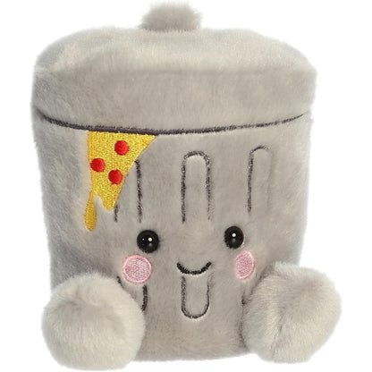 Aurora Palm Pals Garbanzo 5-inch Trashcan plush stuffed toy sitting forward with a grey body and a small pizza slice hanging from the lid.