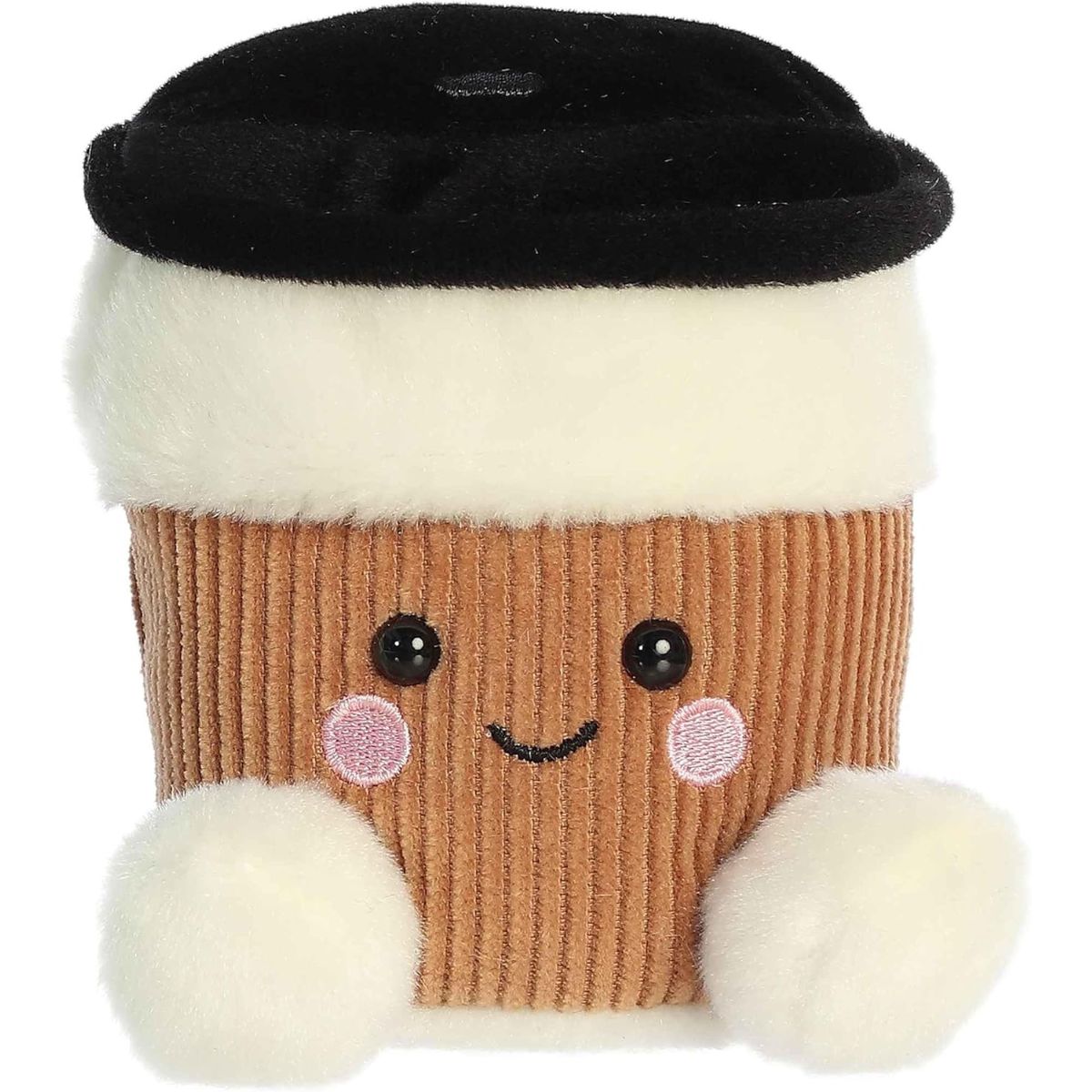 Straight-on front view of the 5-inch Aurora Palm Pals Essie Coffee Cup stuffed animal showing its brown sleeve and smiling face.