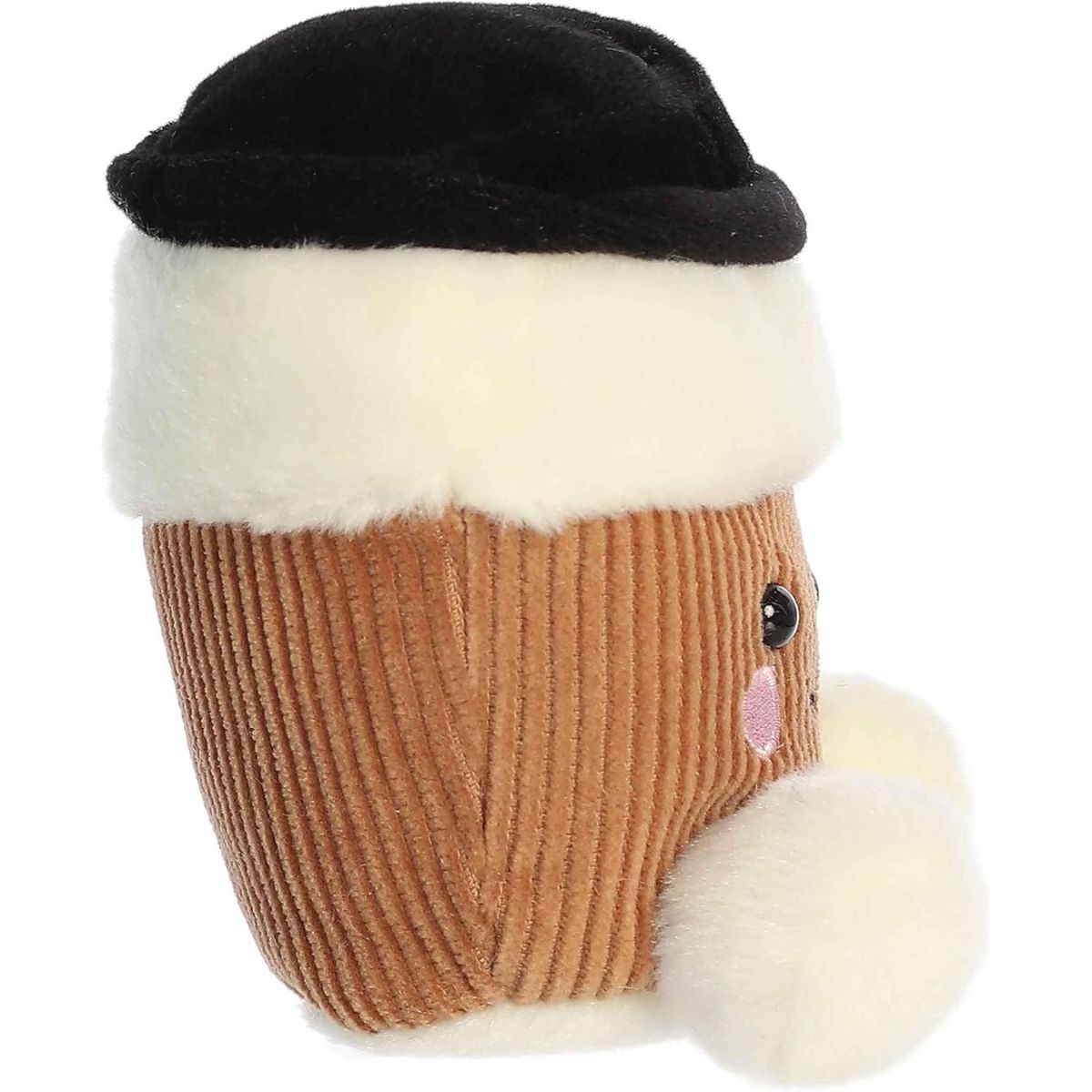 Side profile of the Aurora Palm Pals Essie Coffee Cup plush highlighting its round shape and ribbed white lid.