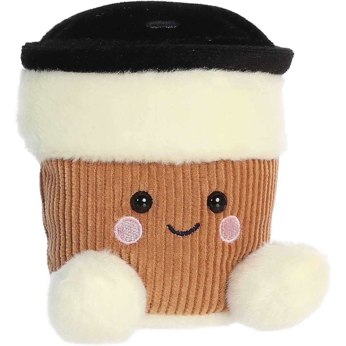 Angled front view of the soft Palm Pals coffee cup plush sitting upright.