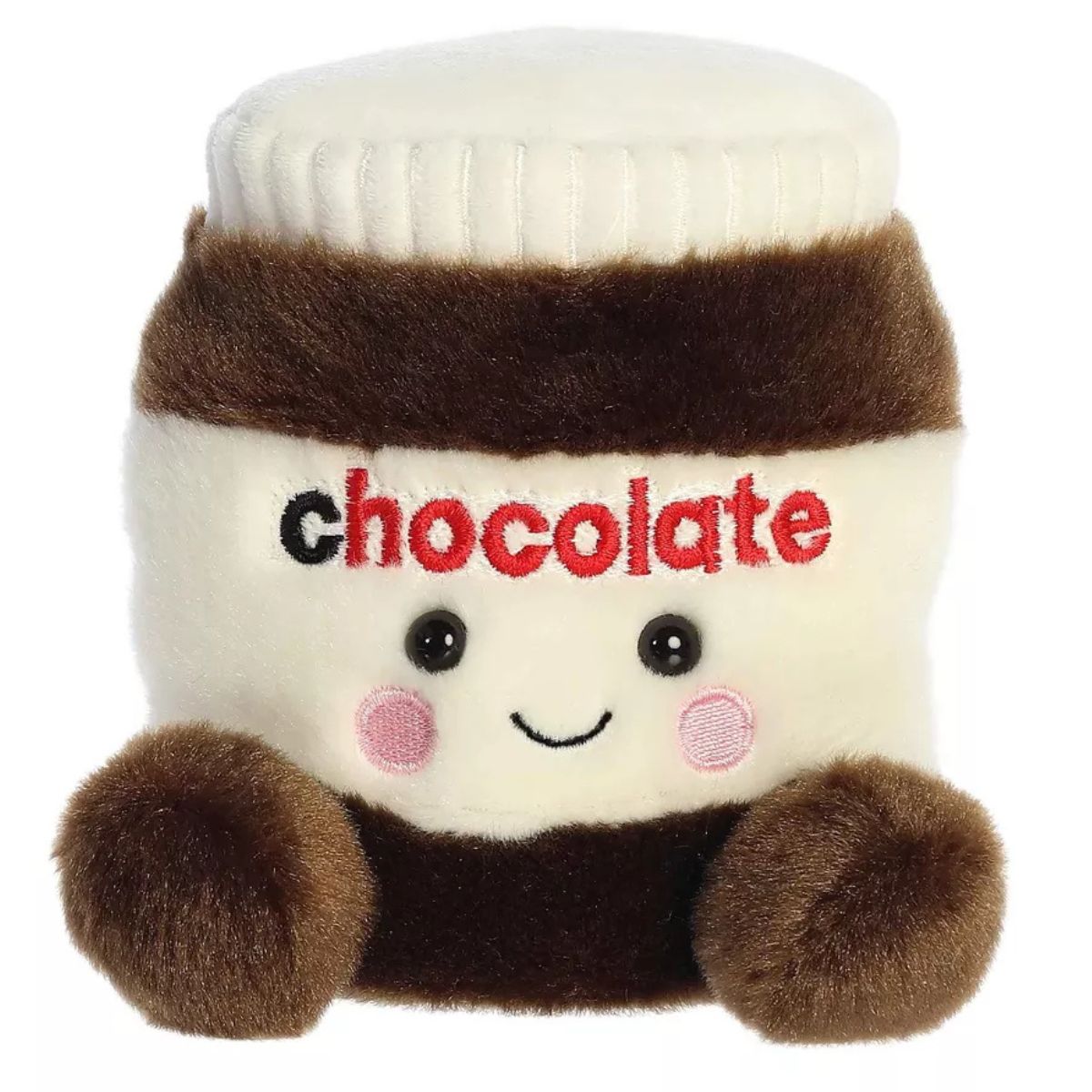 Straight-on front view of the 5-inch Aurora Palm Pals Silky Chocolate Spread stuffed animal showing its embroidered text and smiling face.