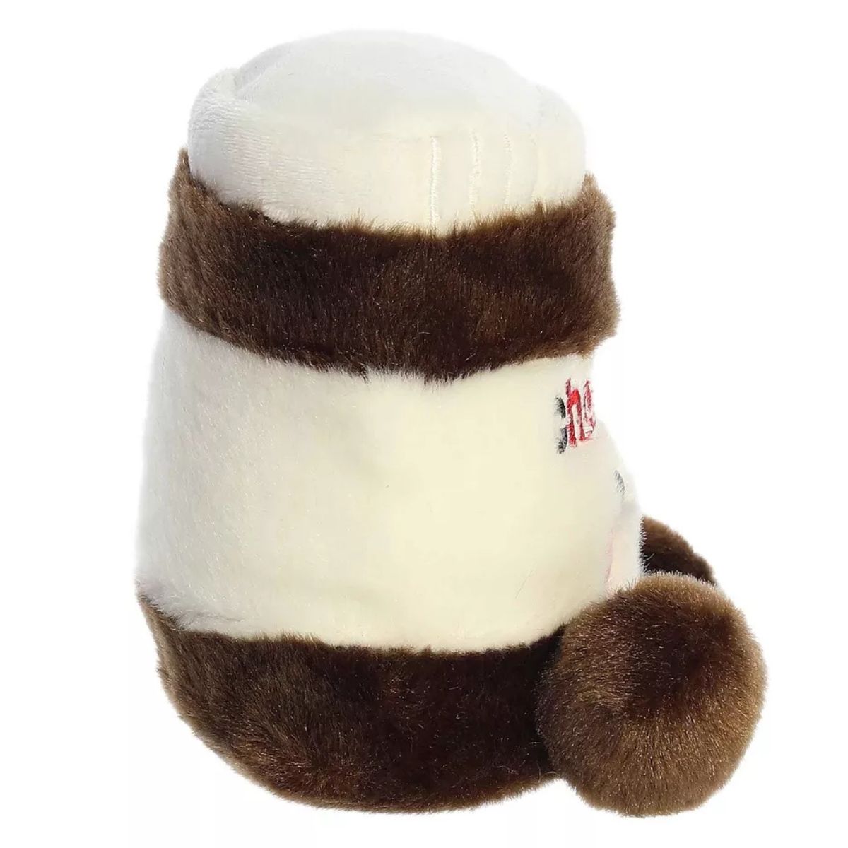 Side profile of the Aurora Palm Pals Silky Chocolate Spread plush highlighting its round jar shape and ribbed white lid.