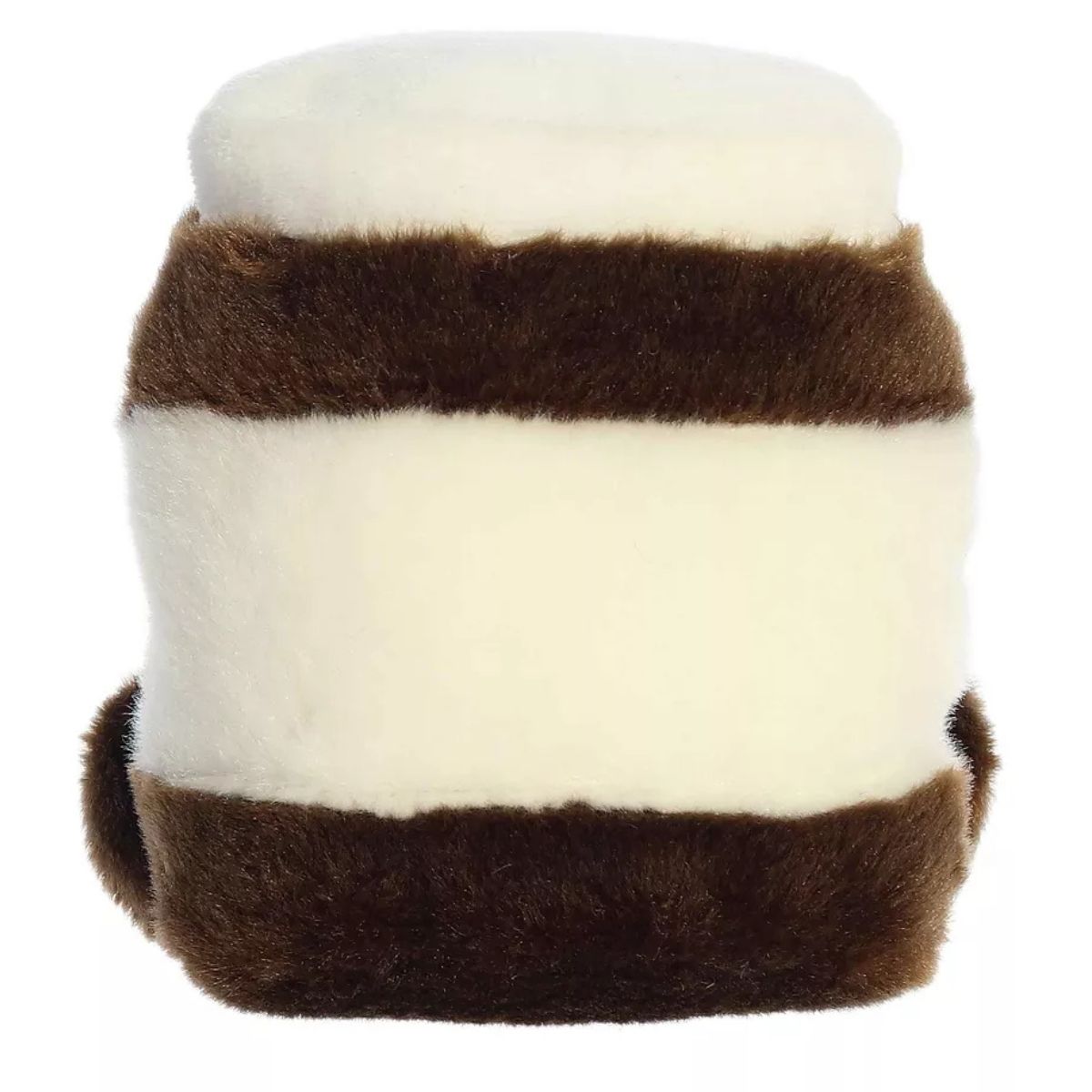 Direct back view of the cuddly Palm Pals chocolate spread stuffed animal showing its continuous white label and brown base.