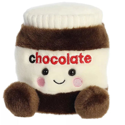 Slightly angled front right view of the smiling chocolate spread plush sitting down.