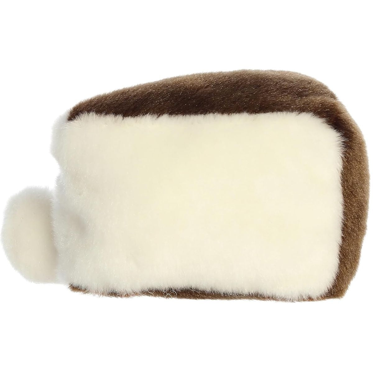 Angled back view of the Aurora Palm Pals Sprinkles Cake Slice plush highlighting its dark brown cake backing.