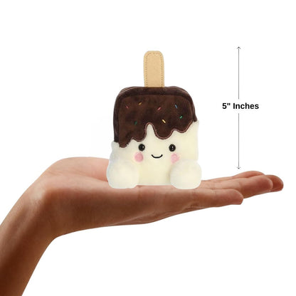 The miniature Dolce Ice Cream Bar plush sitting inside an open human hand displaying a 4-inch height indicator graphic.