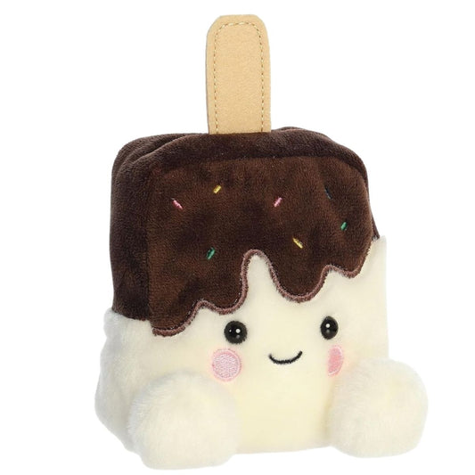 Aurora Palm Pals Dolce Ice Cream Bar 4-inch plush stuffed toy sitting forward with a cream vanilla body, chocolate dip, and a top stick.