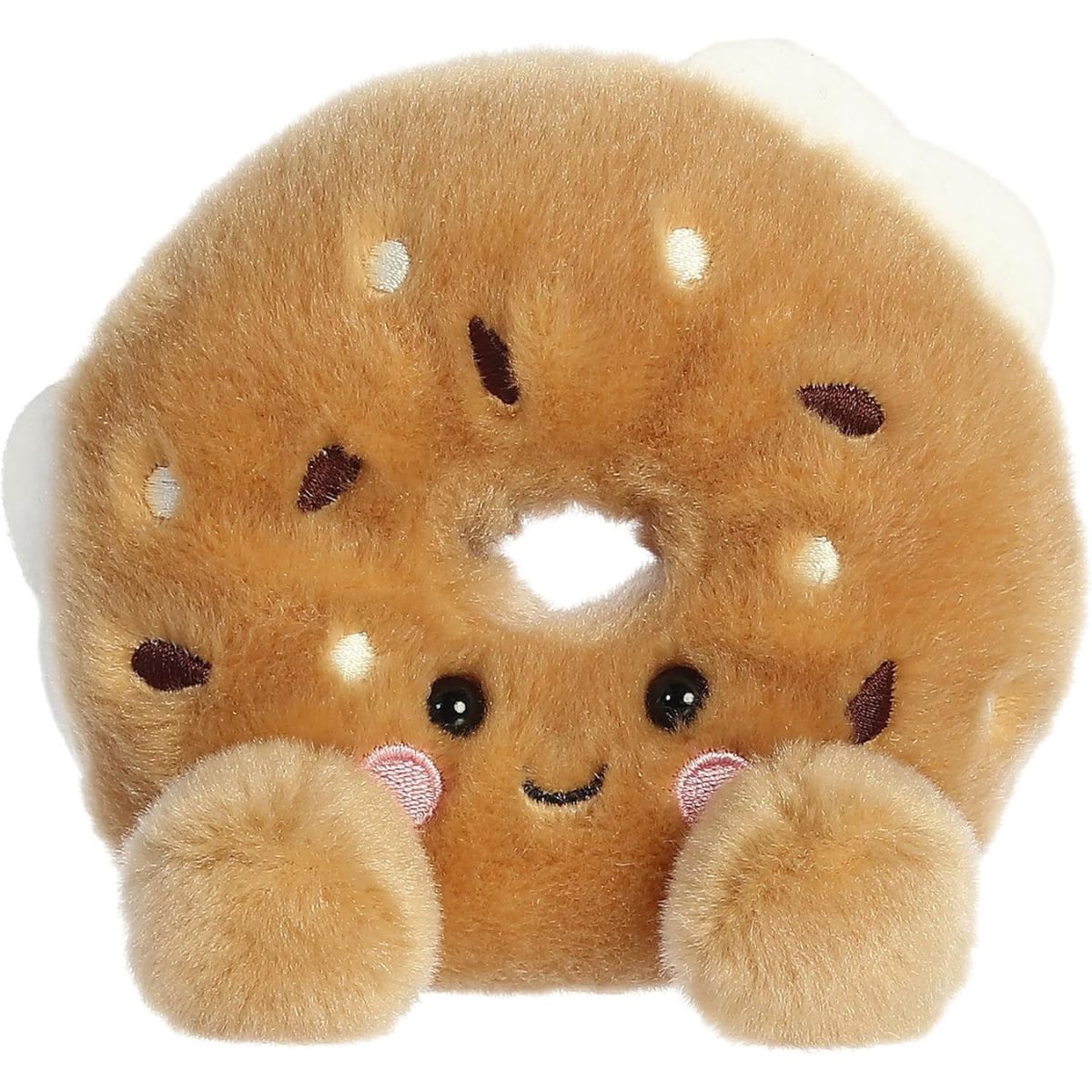 A close-up front portrait thumbnail of the Tony Everything Bagel plush showing its black eyes, embroidered seasoning dots, and pink cheeks.