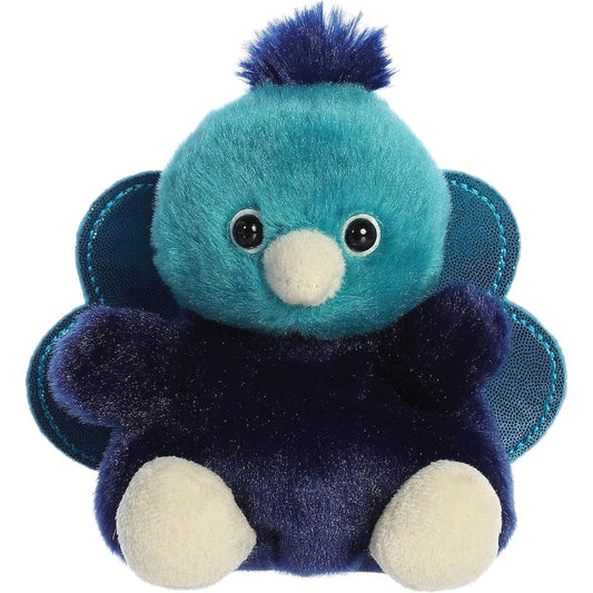 A close-up front portrait thumbnail of the Elton Peacock plush showing its cream beak, fuzzy crest tuft, and sitting position.