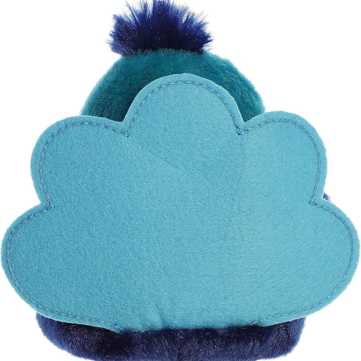 The rear thumbnail view of the blue Aurora bird plush toy displaying the full fan spread of its teal peacock tail.