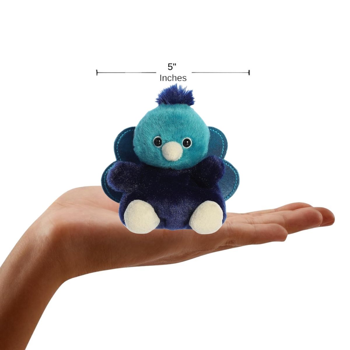 The miniature Elton Peacock plush sitting inside an open human hand displaying a 5-inch width indicator graphic.