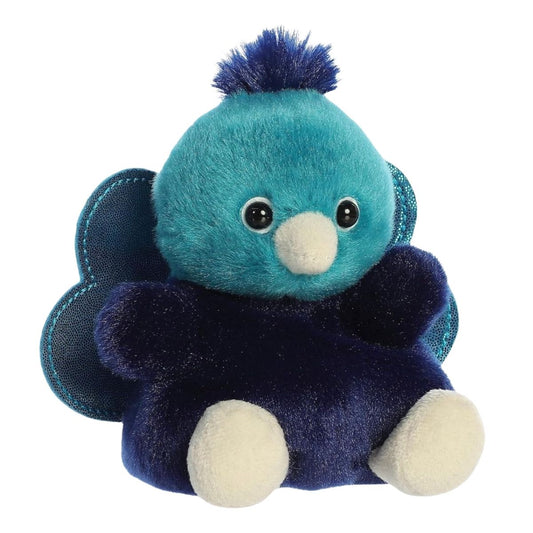 Aurora Palm Pals Elton 5-inch Peacock plush stuffed toy sitting forward with a teal head, navy blue body, and cream feet.