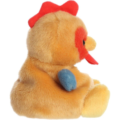 The right side profile thumbnail of the sitting rooster plush highlighting its rounded brown back, blue wing, and upright red comb.