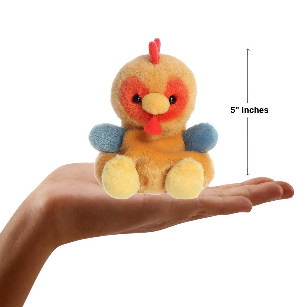 The miniature Red Rooster plush sitting inside an open human hand displaying a 5-inch height indicator graphic.