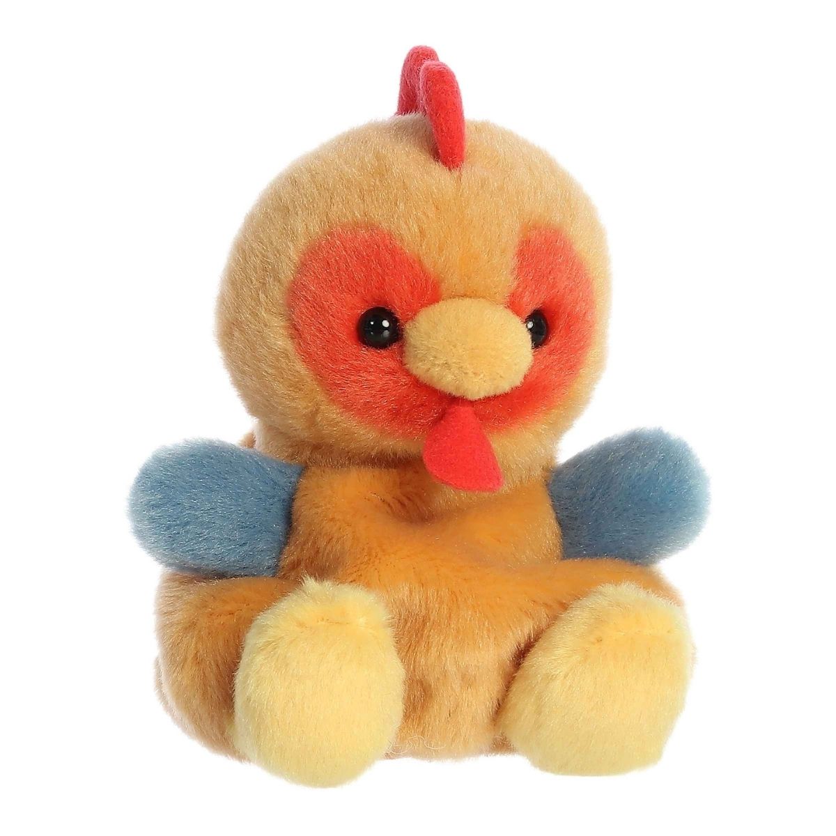 Aurora Palm Pals Red Rooster 5-inch plush stuffed toy sitting forward with a golden-brown body, slate-blue wings, and a red comb.