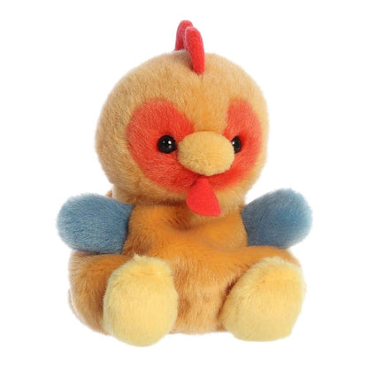 Aurora Palm Pals Red Rooster 5-inch plush stuffed toy sitting forward with a golden-brown body, slate-blue wings, and a red comb.