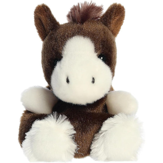 A close-up front portrait thumbnail of the dark brown Clydesdale horse plush showing its white face, small dark eyes, and white feet.