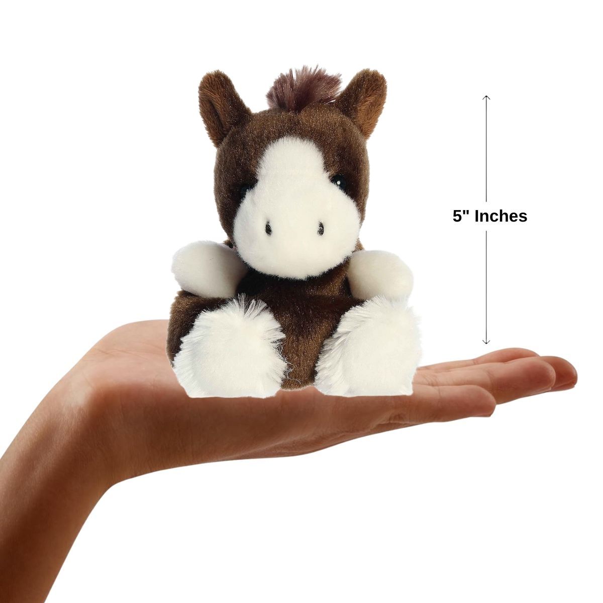 The miniature Darius Clydesdale plush sitting inside an open human hand displaying a 5-inch height indicator graphic.